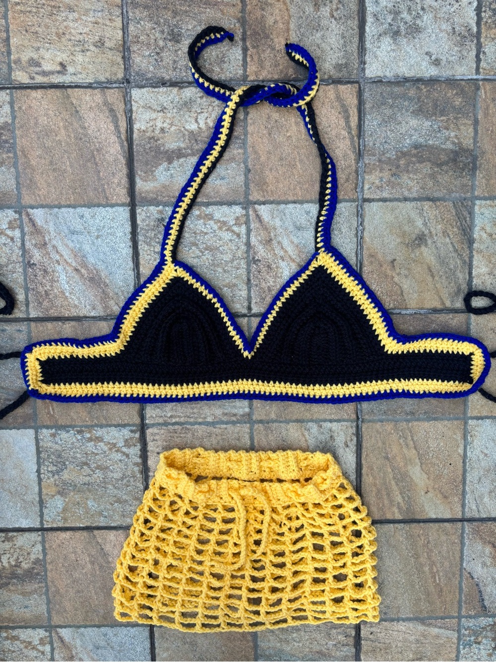 Handmade Crochet Bralette Top 🇧🇧 Barbados | Black, Gold & Blue (M/L)